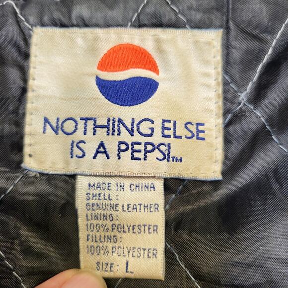 Pepsi Jacket Mens Large Black Genuine Leather Bomber Quilted Lined Snap Front - Picture 2 of 8